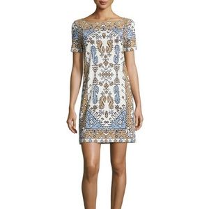 Tory Burch Short Sleeve Tile Print Cotton Sheath Dress in White Lisbon Rug | M